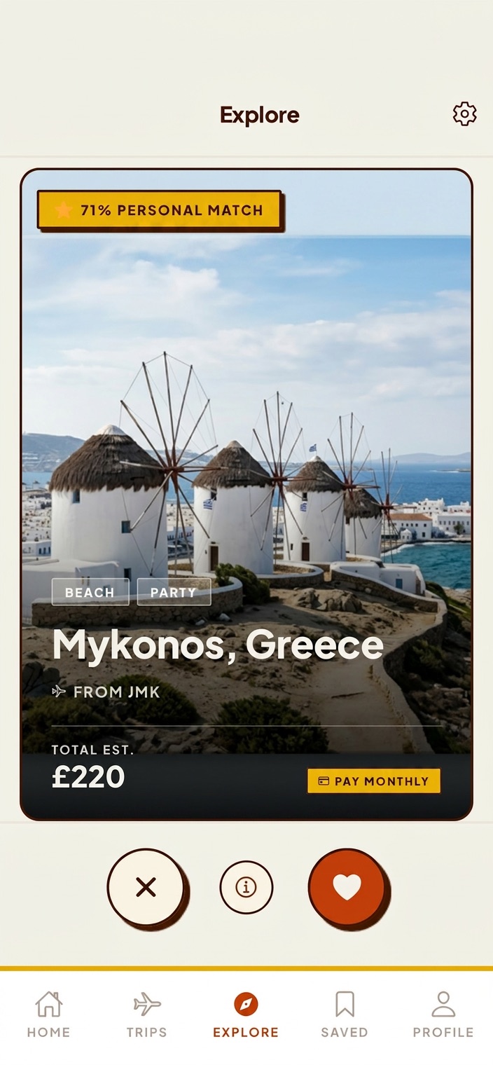 Travelist mobile app destination swipe screen